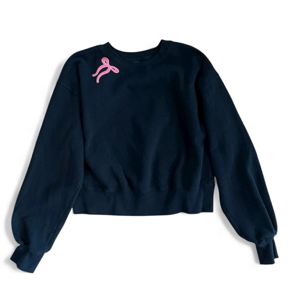 Black Cropped Sweatshirt with Pink Ribbon Detail